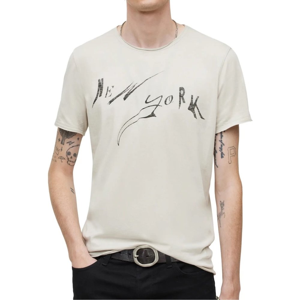 John Varvatos Men's New York Graphic Print Edgy Vibe Crew T-Shirt Fossil Grey XL